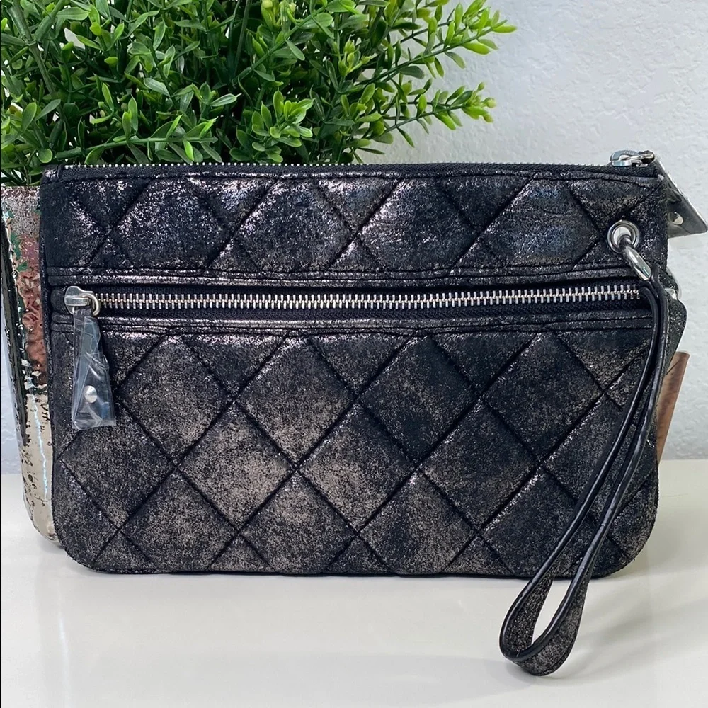 Betsey Johnson Glam Black Studed Quilted Clutch Wristlet‎ Pewter